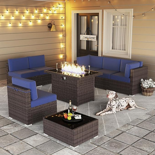 LayinSun 8 Pieces Outdoor Patio Furniture Set with 44" Fire Pit Table Brown Rattan Sectional Sofa Conversation Sets