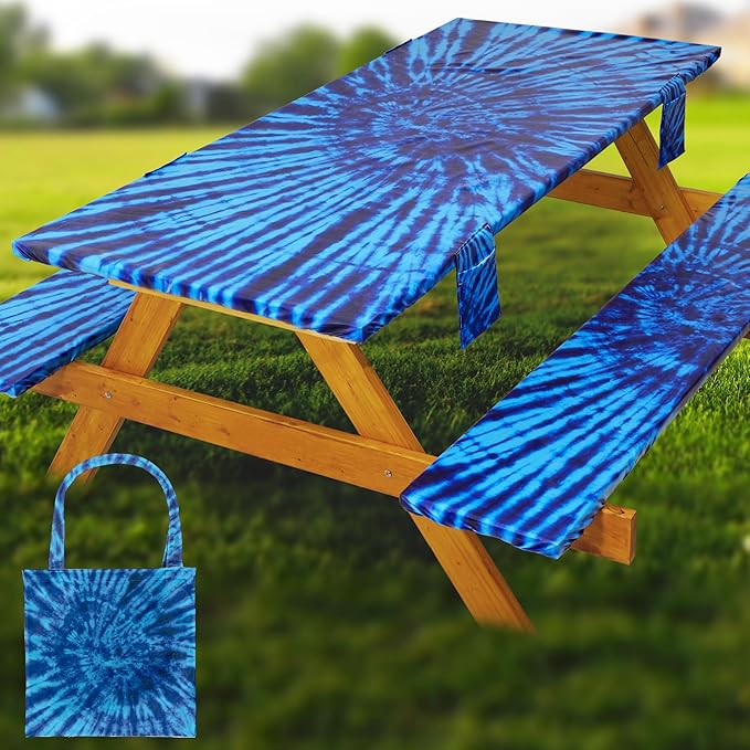 Fitted Picnic Table Cover with Bench Covers Waterproof Elastic Edges Rectangle Patio Tablecloth Outdoor Camping Essentials Stuff Rv Accessories Summer Trip Travel Supplies Party Camper Gifts, 8 ft