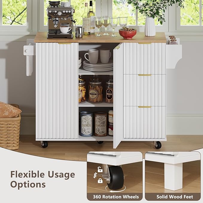 win2win Rolling Kitchen Island with Storage, Portable Kitchen Island with Drop Leaf Breakfast Bar, Modern Farmhouse Kitchen Cart on Wheels with Fluted Design, Towel Rack, Spice Rack, White