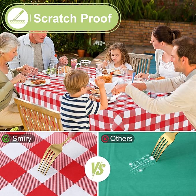 Smiry Rectangle Table Cloth, Waterproof Vinyl Tablecloth with Flannel Backing, Wipeable Buffalo Plaid Table Cover for Dining, Indoor and Outdoor (Red & White, 60"x120")