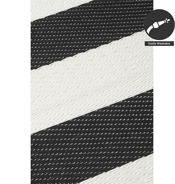 FH Home Outdoor Rug - Waterproof, Fade Resistant, Reversible - Premium Recycled Plastic - Striped - Porch, Deck, Balcony, Mudroom, Laundry Room, Patio - Brittany - Black & White Crease Free - 3 x 5 ft