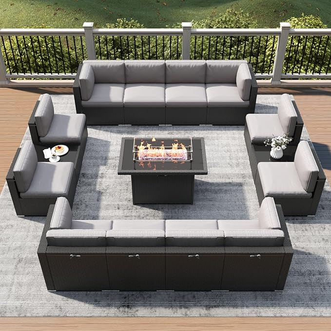 LayinSun 15 Piece Patio Furniture Set with Fire Pit Table, Outdoor Conversation Sets Wicker Rattan Sectional Sofa with Coffee Table