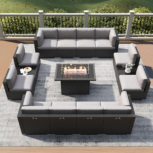 LayinSun 15 Piece Patio Furniture Set with Fire Pit Table, Outdoor Conversation Sets Wicker Rattan Sectional Sofa with Coffee Table