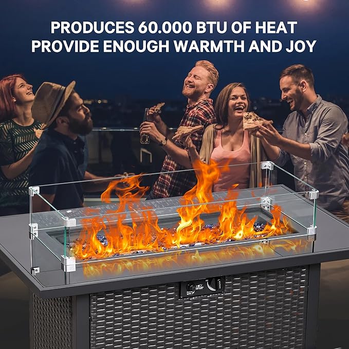 5 Piece Patio Furniture Set with 43" Propane Fire Pit Table, Outdoor Wicker Conversation Set, Rattan Modern Sectional Sofa Couch with Coffee Table for Backyard Porch Garden Poolside, Yellow-Black