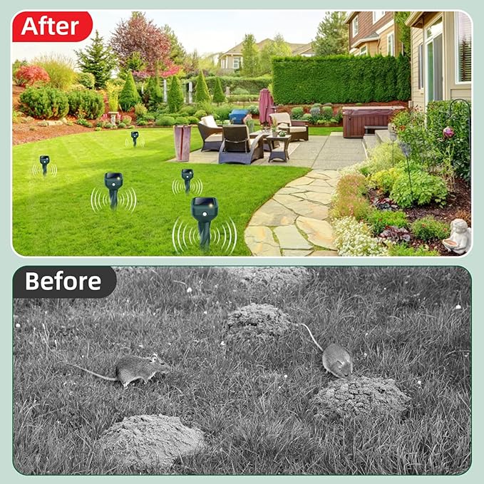 Mole Repellent Solar Powered, 4 Pack Snake Repellent for Yard, Waterproof Ultrasonic Deterrent Stakes, Get Rid for Rabbit, Gopher, Vole, Skunk, Chipmunk, Deer, Groundhog Sonic Spikes for Lawns Garden
