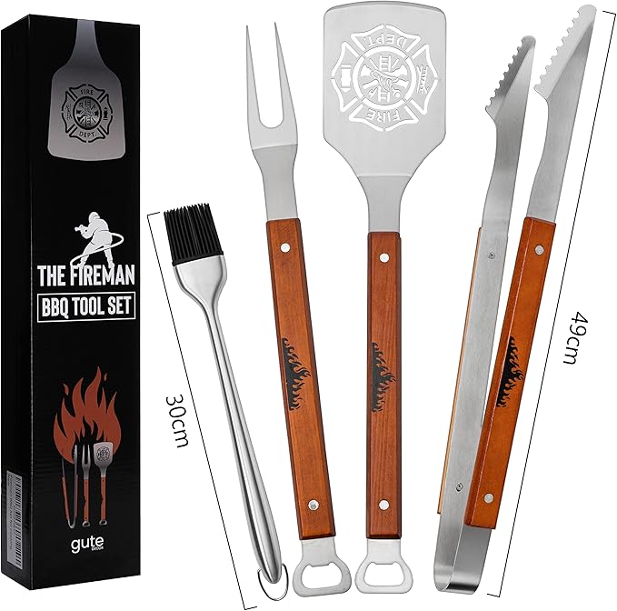 Firefighter Gifts for Men - Large BBQ Grilling Set, 4-Piece Heavy Duty Stainless Steel Tools with Bottle Opener - Fireman, Fire Department, First Responder Flag Gift
