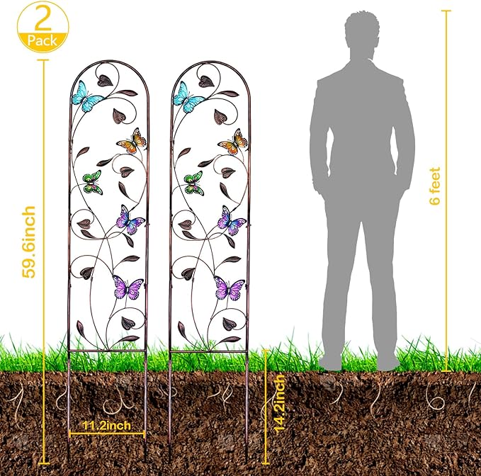 aboxoo Set of 2 Packs Butterfly Metal Garden Trellis for Climbing Plants,Outdoor Decorative Flowers Arch Fence Trellis for Outdoor Patio,Garden,Lawn,Yard,Backyard,Wall Brackets,60'' H x 11'' W