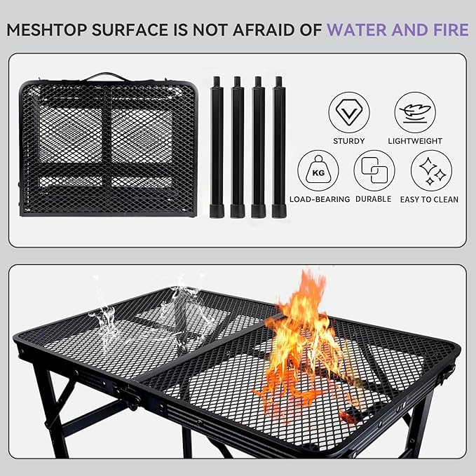 BRIAN & DANY Camping Table Folding Grill Table, Small Foldable Table Height Adjustable, Portable Metal Picnic Table for Outdoor, Black, 2x1.3FT