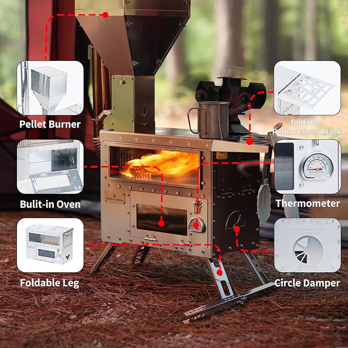 Hori 5 Pellet Stove with Oven for Tent Camping, Portable Wood Burning Stove with 8 Chimney Pipes for Hiking, Cooking, Hot Tent and Outdoor Use