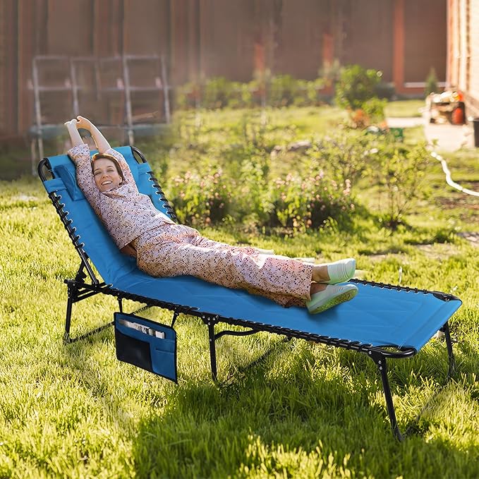 VILLEY Oversized Padded Chaise Lounge with Cushion, Foldable Camping Cot, Patio Reclining Lounge Chairs, Folding Sleeping Bed for Outdoor, Indoor, Backyard, Garden, Camping, Relaxing, Beach Tanning