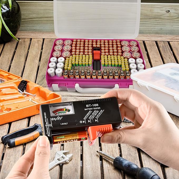 Battery Organizer Storage Holder Case with Double-Sided, Garage Box with Tester Checker. Batteries Container for 269pcs AA AAA AAAA 3A 4A 9V C D Lithium 4LR44 CR2 CR123A CR1632 CR2032 18650 - Purple