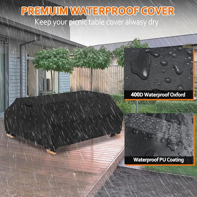 STARTWO Waterproof Picnic Table Cover Outdoor Patio Bench Covers for 6 ft Picnic Table Bench Set Windproof 70 / 72 Inch Black