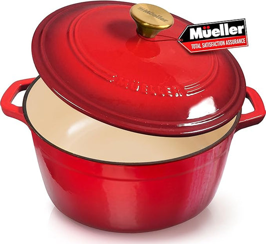 Mueller 6 Qt Enameled Cast Iron Dutch Oven, Heavy-Duty Casserole Dish and Braiser Pan with Lid and Stainless Knob, Safe for All Cooktops