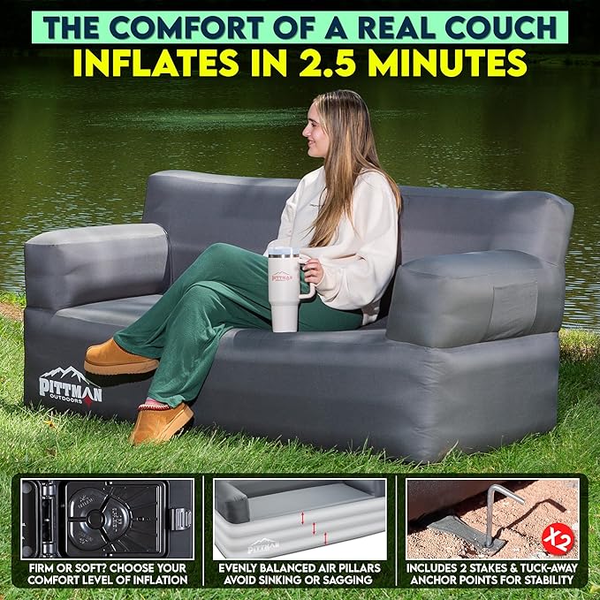 Pittman - Camping Inflatable Furniture Set with Built in Pump for Outdoors & Indoors - Blow Up Couch Set has Heavy Duty Puncture Resitant Fabric for Inflatable Sectional Comfort & Durability