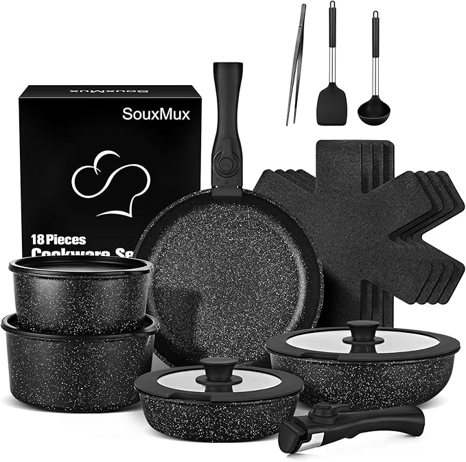 18 Pcs Nonstick Pots and Pans Set with Detachable Handle, Induction Compatible Oven Safe RV Cookware Set, No PFOA (BLACK)