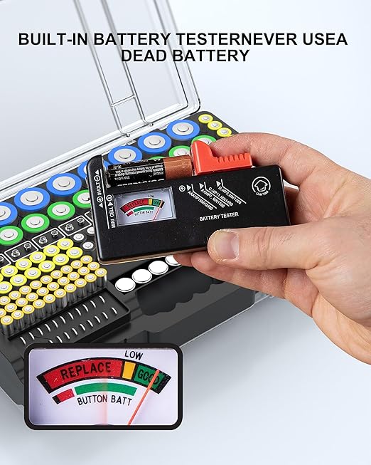 Battery Organizer Storage Holder Box Case with Tester, Ultra-Large 280+ Batteries Double-Sided Variety Pack,Holds AA AAA 4A C D Cell 9V 3V Lithium18650 LR44 CR2 CR123 CR1632 - Black