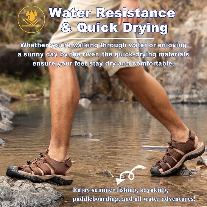 Men's Sport Sandals Closed Toe Leather Hiking Athletic Walking Outdoor Beach Trail River Fishing Water Shoes Lightweight Comfortable Waterproof