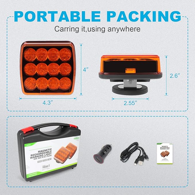 Agrieyes 2Pcs Rechargeable Flashing Lights for Vehicles, Super Magnetic Strobe Hazard Lights, Wireless Portable Amber Led Warning Beacon Emergency Light for Trucks Bus Tractor Oversize Trailer