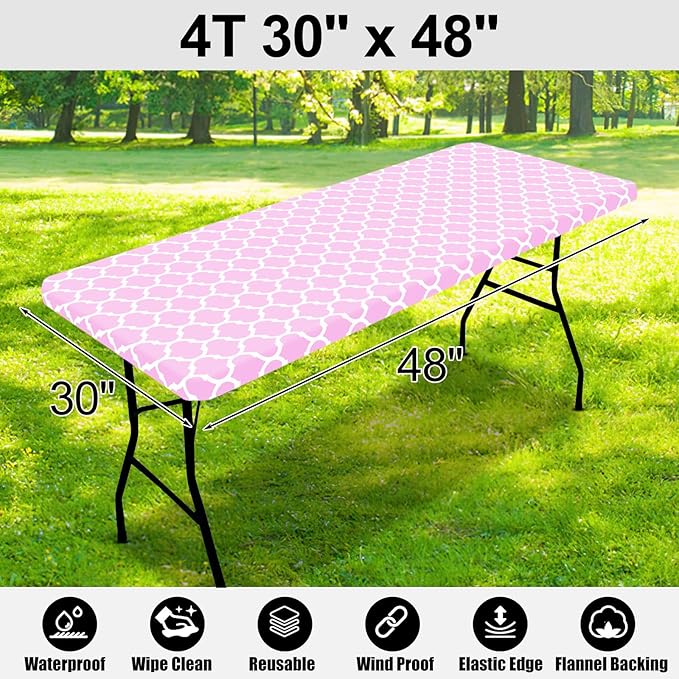 Smiry Rectangle Picnic Table Cover, Waterproof Elastic Fitted Camping Tablecloths for 4 Foot Tables, Wipeable Flannel Backed Vinyl Tablecloth Protector for Indoor, Outdoor (Pink, 30x48 Inches)