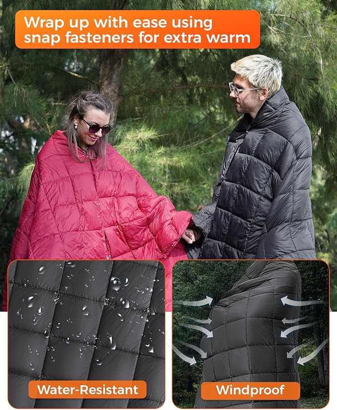 KingCamp Ultralight Camping Blanket, Packable Down Alternative Puffy Wearable Blankets Weatherproof Warm Package Quilt with Snap Buttons for Outdoor Hiking Travel Picnic Stadium (79" x 57", BLACK)