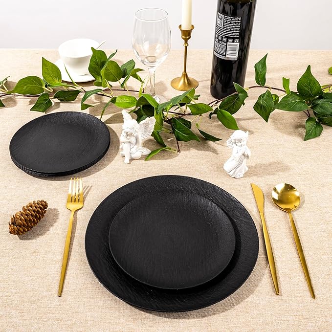 WONDERFUL 32pcs Black Plates Black Plastic Plates Unbreakable and Reusable Plastic Plate Dishwasher safe Dishes Set Includes:16 Dinner 10" and 16 Dessert Plate 7.3" Suitable for BBQ & Camping