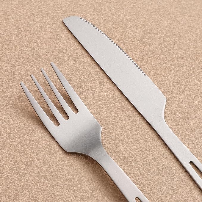 Titanium 4-Piece Silverware Set - Lightweight, Eco-Friendly Camping & Backpacking Cutlery (Knife, Fork, Spoon, Salad Spoon) with Carrying Bag for Outdoor Travel, Hiking & Picnic