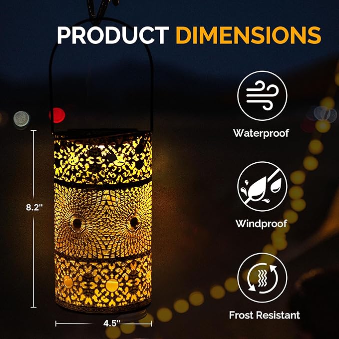 Hanging Solar Lanterns Outdoor Waterproof, Moorish-Style Solar Lanterns, Hollowed-Out Metal Decor Lantern, Decorative Lights for Garden Patio Porch