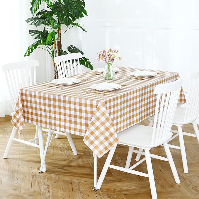 Romanstile Square Vinyl PVC Tablecloth, 100% Waterproof Buffalo Plaid Plastic Table Cloth, Oil Proof Heavy Duty Wipeable Table Covers for Dining/Camping/Picnic/Outdoor - 60 x 60, Coffee and White