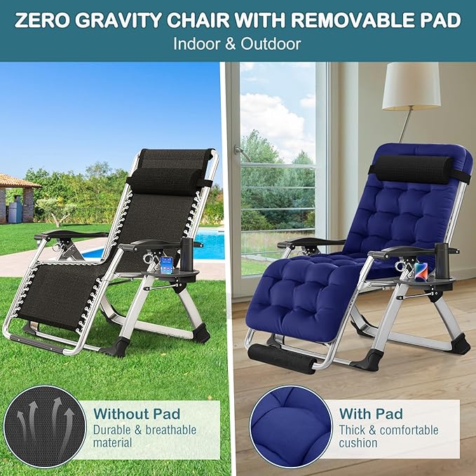 NAIZEA Widened Zero Gravity Chair 29" XL,Oversized Outdoor Lounge Chairs, Folding Reclining Camping Chairs with Cup Holder, Ergonomic Patio Lawn Chair for Balcony Beach Deck Yard