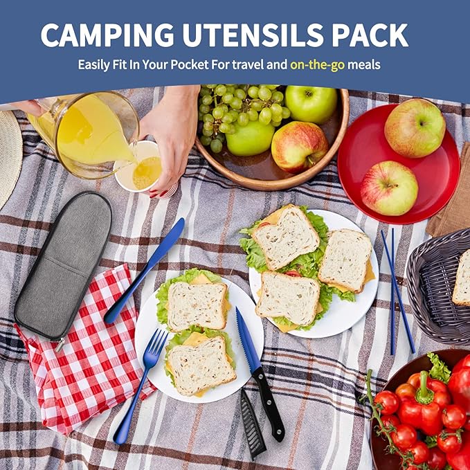 Portable Travel Utensils Set,Reusable Utensils,Travel Camping Cutlery Set,Stainless Steel Flatware Set with Case,Lunch Boxes Workplace Camping School Picnic (Blue)