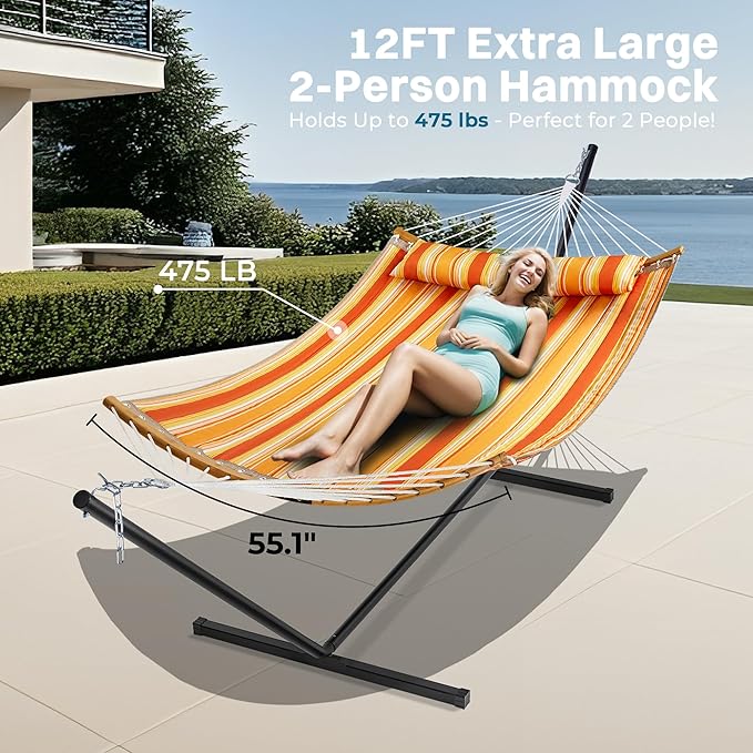 SUPERJARE Hammock with Stand, 2 Person Heavy Duty Hammock with Padded Cotton, Detachable Pillow & Strong Curved-Bar & Portable Carrying Bag, Perfect for Outdoor & Indoor - Tangerine
