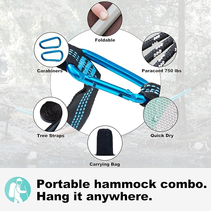 14ft Two Person Outdoor Hammock, Portable Camping with Folding Steel Spreader Bar, Carrying Bag, Carabiners, Tree Straps, Pillow & Sidebag, Quick Dry Textilene, 550 lbs Capacity (Cyan)