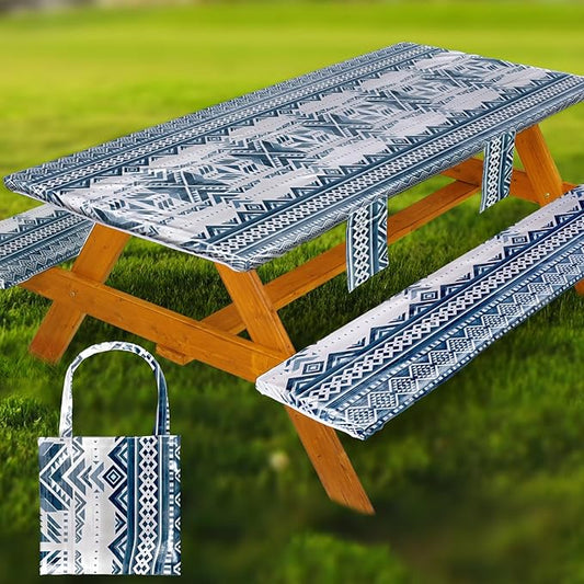 Fitted Picnic Table Cover with Bench Covers Waterproof Elastic Edges Rectangle Patio Tablecloth Outdoor Camping Essentials Stuff Rv Accessories Summer Trip Travel Camper Gifts for Woman Men, 96in 8 ft