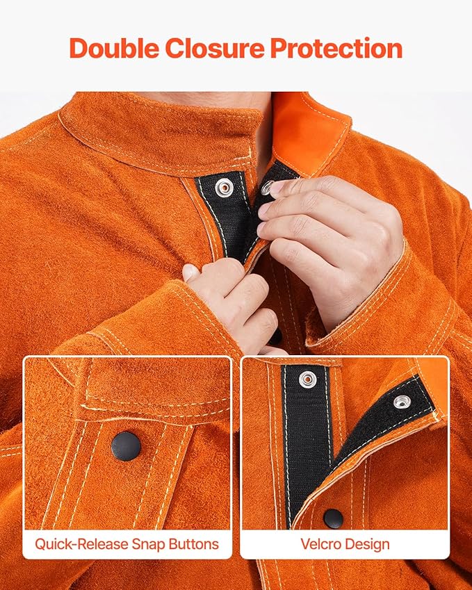 VEVOR Leather Welding Jacket, Heavy Duty Cowhide Flame Resistant Welding Coat, Waterproof Heat-Resistant Safety Jacket with 4 Pockets & Adjustable Cuffs for Welders Steelworks - XL Size