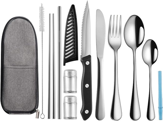 Travel Utensils with Case,Reusable Utensils,Portable Travel Camping Cutlery Set,Stainless Steel Flatware Set,Lunch Boxes Workplace Camping School Picnic (Sivler)