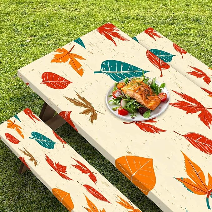 CAPSCEOLL Elastic Picnic Table Cover with Bench Covers 5Ft Waterproof Fitted Picnic Table Cover Cloths for Outdoors Camping Tablecloth with Drawstring Bag, 60X30in, Maple Leaf