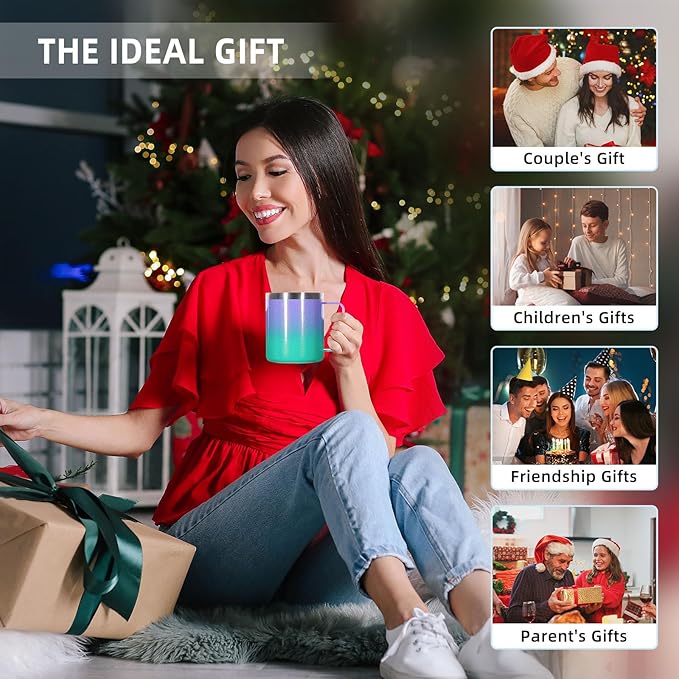 Volhoply 14oz Insulated Stainless Steel Coffee Mug with Lid Bulk 4 Pack,Double Wall Vacuum Travel Coffee Cup with Handle,Reusable Cups Tumbler,Camping Mugs Keep Hot,Ideal Gifts(Purple Green,4)