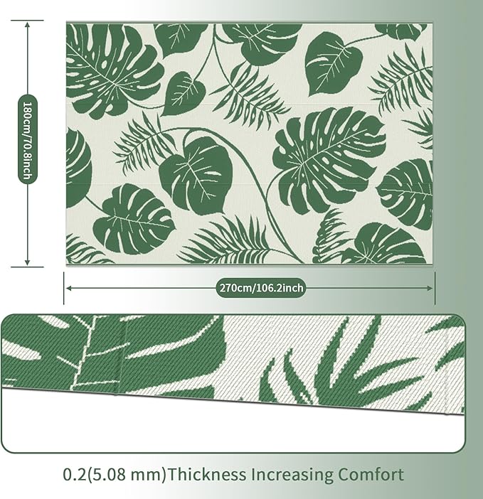 Reversible Rugs Plastic Rug Outdoor Rug Lightweight Outside Mats Modern Outdoor Rug for Patio Portable Mats for RV Backyard Deck Picnic Beach, 6' x 9' Green