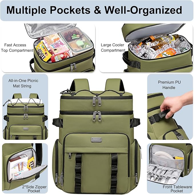 Weitars Insulated Cooler Backpack,Double Deck Waterproof Soft Cooler Bag,Backpack Coolers Leak Proof Lunch Backpack for Men Women for Travel,Camping,Picnic,Beach,Picnic,Outdoor 31L/52 Can