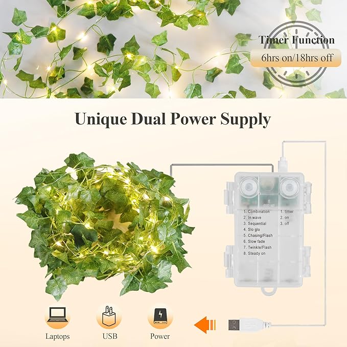 YOUNGAR Ivy Vines with Fairy Lights,Leaf String Lights Battery/USB Operated,23FT 73LED Fake for Bedroom Wall Room Wedding Birthday Garden Party Wall Room Decor (Warm White)