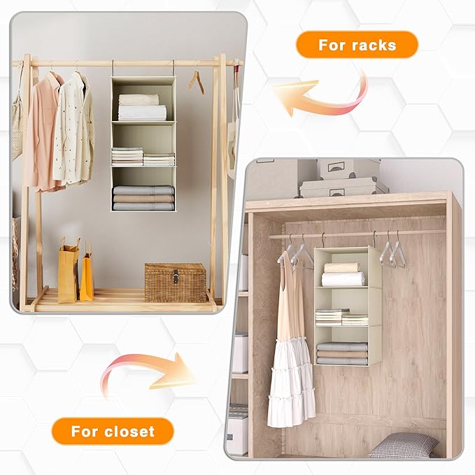 Hanging Closet Organizer and Storage 3-Shelf, Easy Mount Foldable Hanging Closet Wardrobe Storage Shelves, Clothes Handbag Shoes Accessories Storage, Washable Oxford Cloth Fabric, Beige
