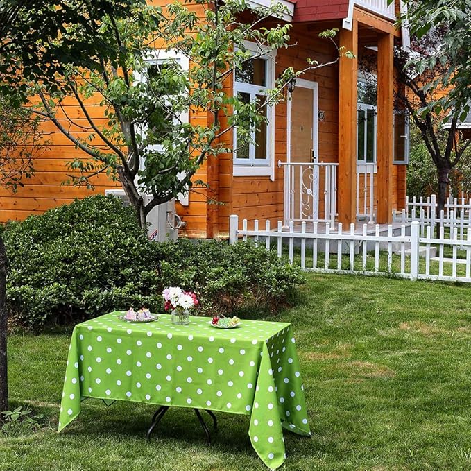Poise3EHome 60X120 Outdoor/Indoor Waterproof Spillproof Rectangle Tablecloth for Camping Picnic Party Patio Table Spring, Green Polka Dot
