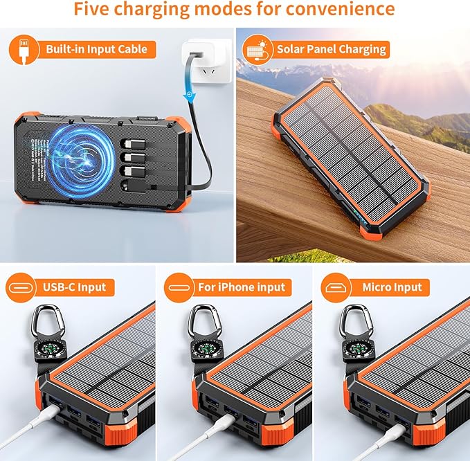 Solar Charger Power Bank 49800mAh Wireless Charger QC 3.0 Fast Charging Power Bank 8 Outputs 4 Inputs Solar Portable Charger Compatible with All Mobile Devices,SOS/Strobe/Strong Flashlights (orange)