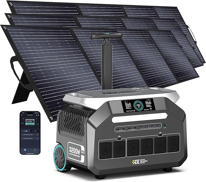 IEE 3200W Portable Power Station P3200 with 3x200W Solar Panel, 2048Wh Solar Generator, 1800W AC Charging, AC Outlets x 4, LiFePO4 Battery Power Station for Home Backup, Camping, RV, Emergency