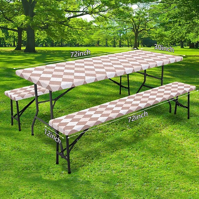 DYNH 3 Pcs Picnic Table Cover with Bench Covers, 8ft Waterproof Reusable Elastic Fitted Rectangle Picnic Table Cloths,30x96IN Beige Plaid Picnic Tablecloth for Camping Patio Travel Outdoor,2