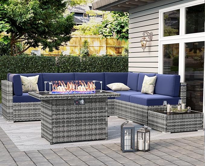 LayinSun 8 Piece Patio Furniture Set with 44" Propane Gas Fire Pit Table, Outdoor Sectional Conversation Set Wicker Rattan Sofa Set with Coffee Table