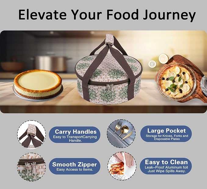 Round Insulated Pie Carrier – Thermal Portable Lunch Transport Cheesecake Cake Dish Container Bag Keep Food Hot/Cold/Fresh for Potluck Parties Gathering/Picnic/Church Dinner/Outdoor Events-Brown
