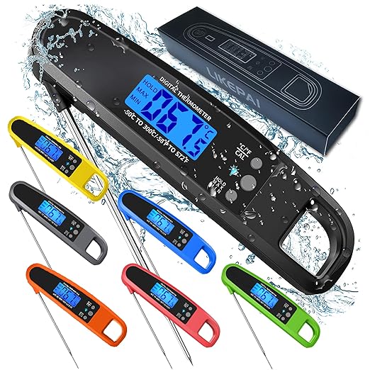 Instant Read Meat Thermometer for Kitchen Cooking, Ultra Fast Precise Waterproof Digital Food Thermometer with Backlight, Magnet and Foldable Probe for Deep Fry, Outdoor BBQ, Grill（Black）