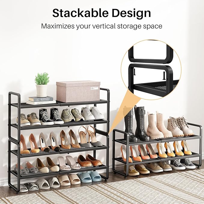 Shoe Rack - Expandable Shoe Organizer for Closet, Adjustable Metal Shoe Shelf Storage, 2 Tier Stackable Long Shoe Stand Holder for Garage, Entryway, Door Entrance, Black