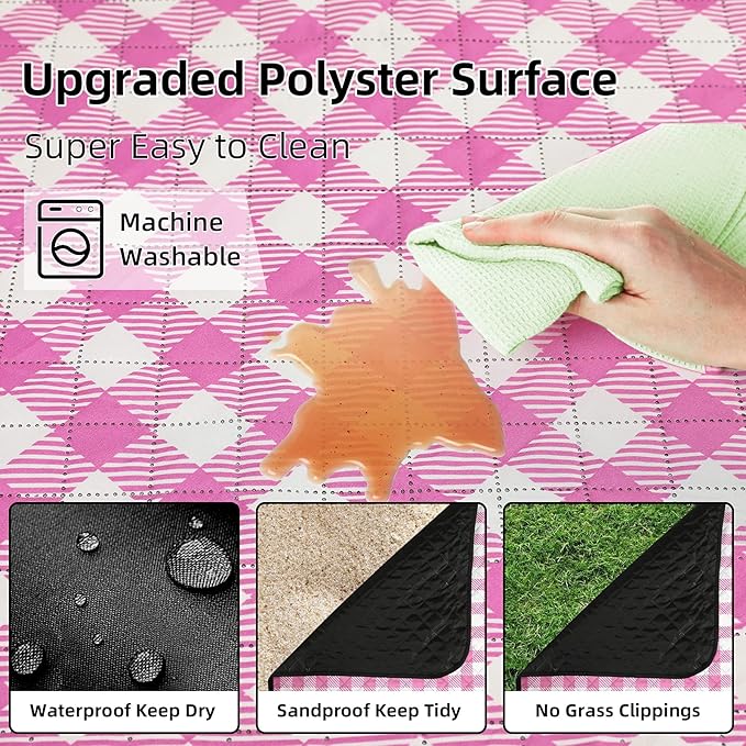 ZAZE Picnic Blanket Waterproof Sandproof, 80''x80'' 3-Layer Cute Compact Extra Large Machine Washable Foldable Beach Mat, Big XL Outdoor Blankets for Spring Summer Camping, Park, Grass(Pink and White)